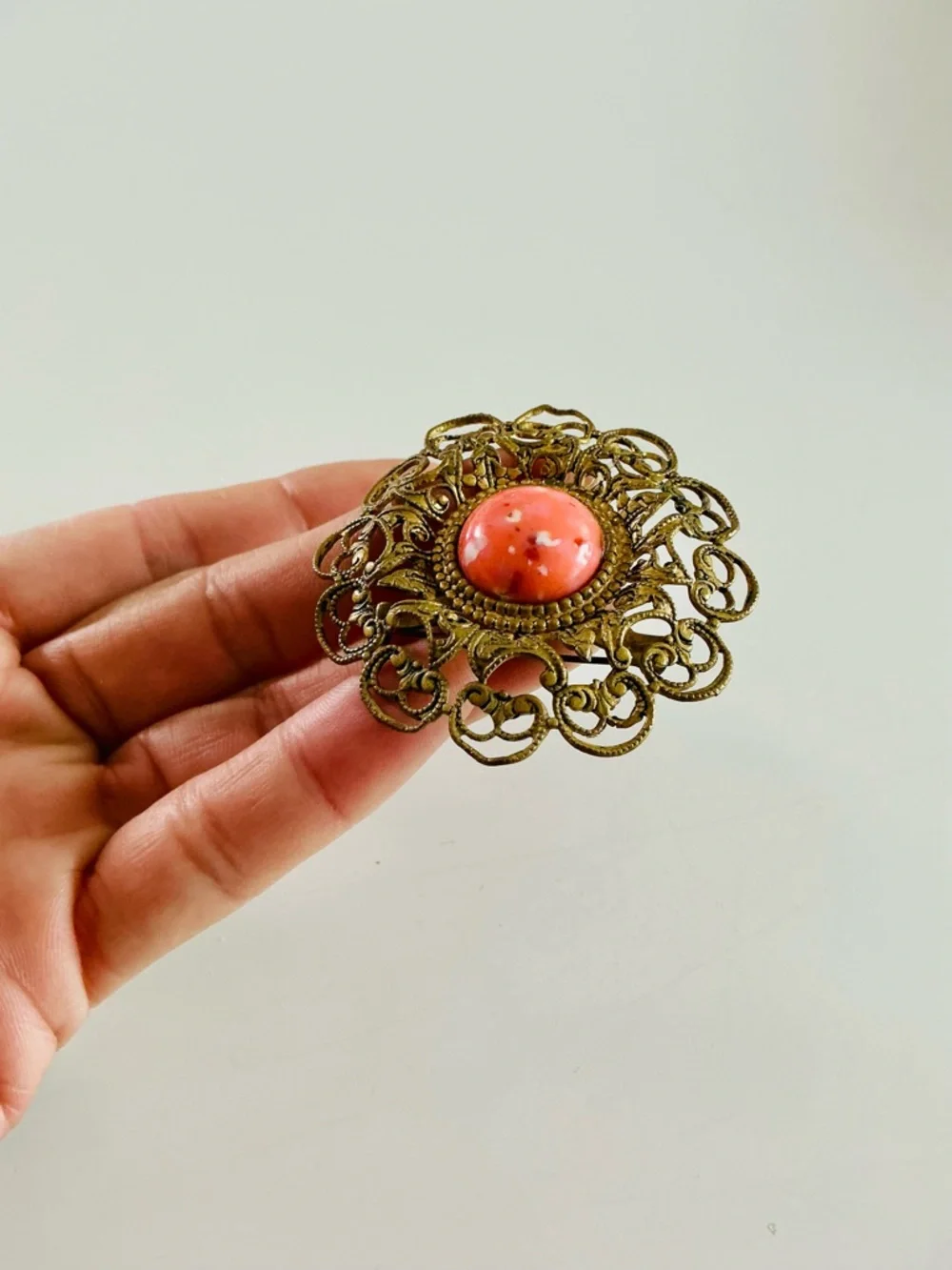 Vintage Filigree Round Brooch with Coral Cabochon Renaissance Revival Retro EUC